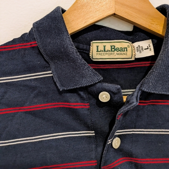 Vintage 80s LL Bean Striped Polo Short Sleeve Shirt Made in USA Size L Navy Blue - Picture 3 of 4